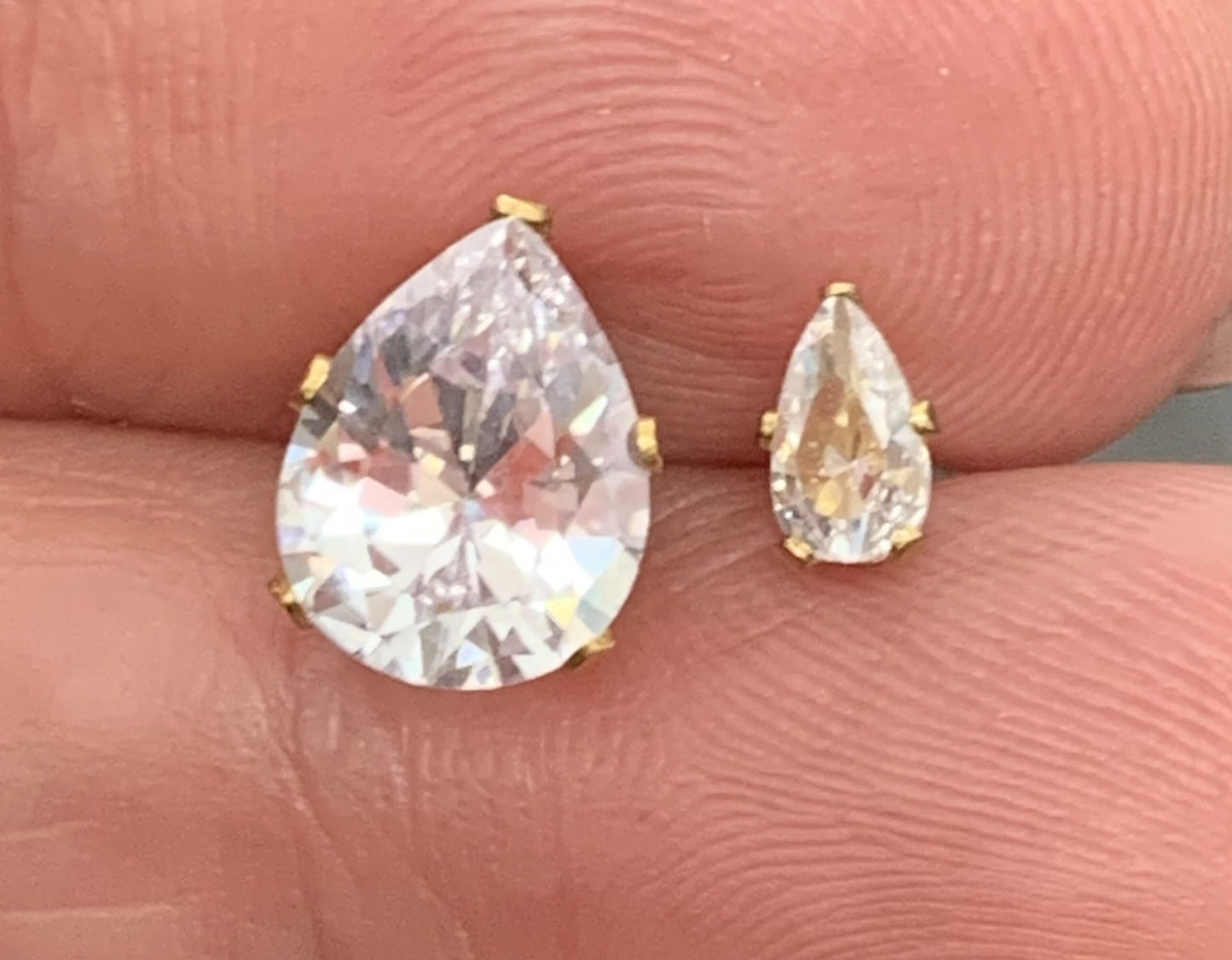 PAIR of Beautiful Hypoallergenic Clear CZ Gem Teardrop Gold Stud Earrings - 3mm, 4mm, 5mm, 6mm & 7mm Gem Size Available!