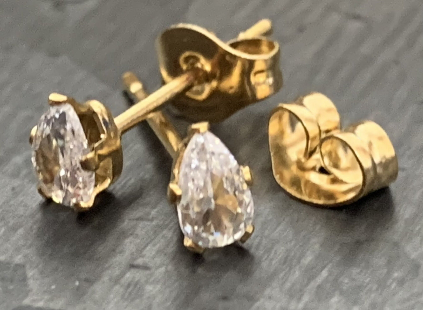 PAIR of Beautiful Hypoallergenic Clear CZ Gem Teardrop Gold Stud Earrings - 3mm, 4mm, 5mm, 6mm & 7mm Gem Size Available!