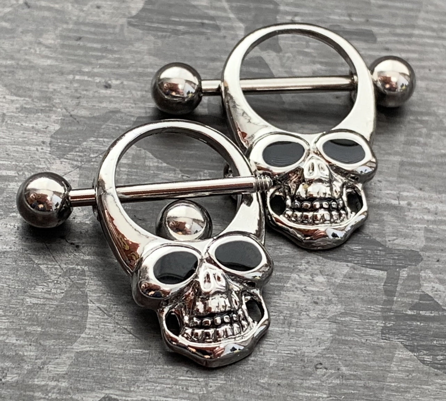 PAIR of Steel Skull with Enamel Eyes Nipple Barbells/Shields/Rings - 14g, 11mm wearable length in Silver, Gold & Black!