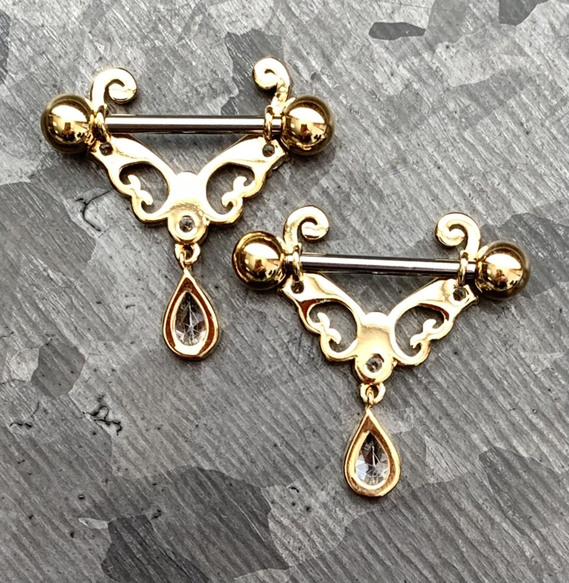 PAIR of Heart Filigree with CZ Teardrop Gem Steel Nipple Barbells/Shields/Rings - 16g, 10mm wearable length in Silver, Gold & Rose Gold!