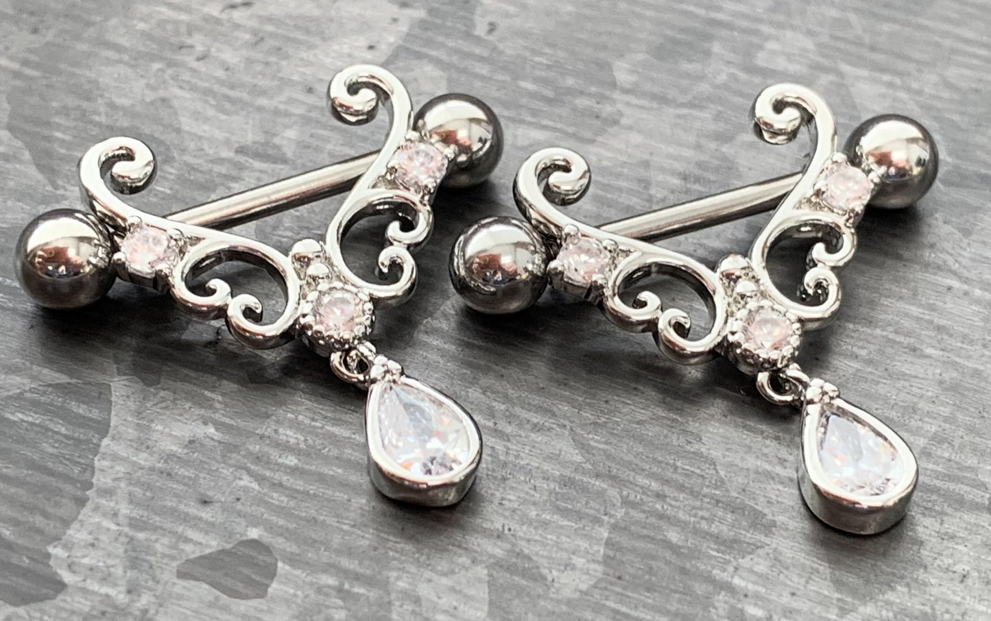 PAIR of Heart Filigree with CZ Teardrop Gem Steel Nipple Barbells/Shields/Rings - 16g, 10mm wearable length in Silver, Gold & Rose Gold!