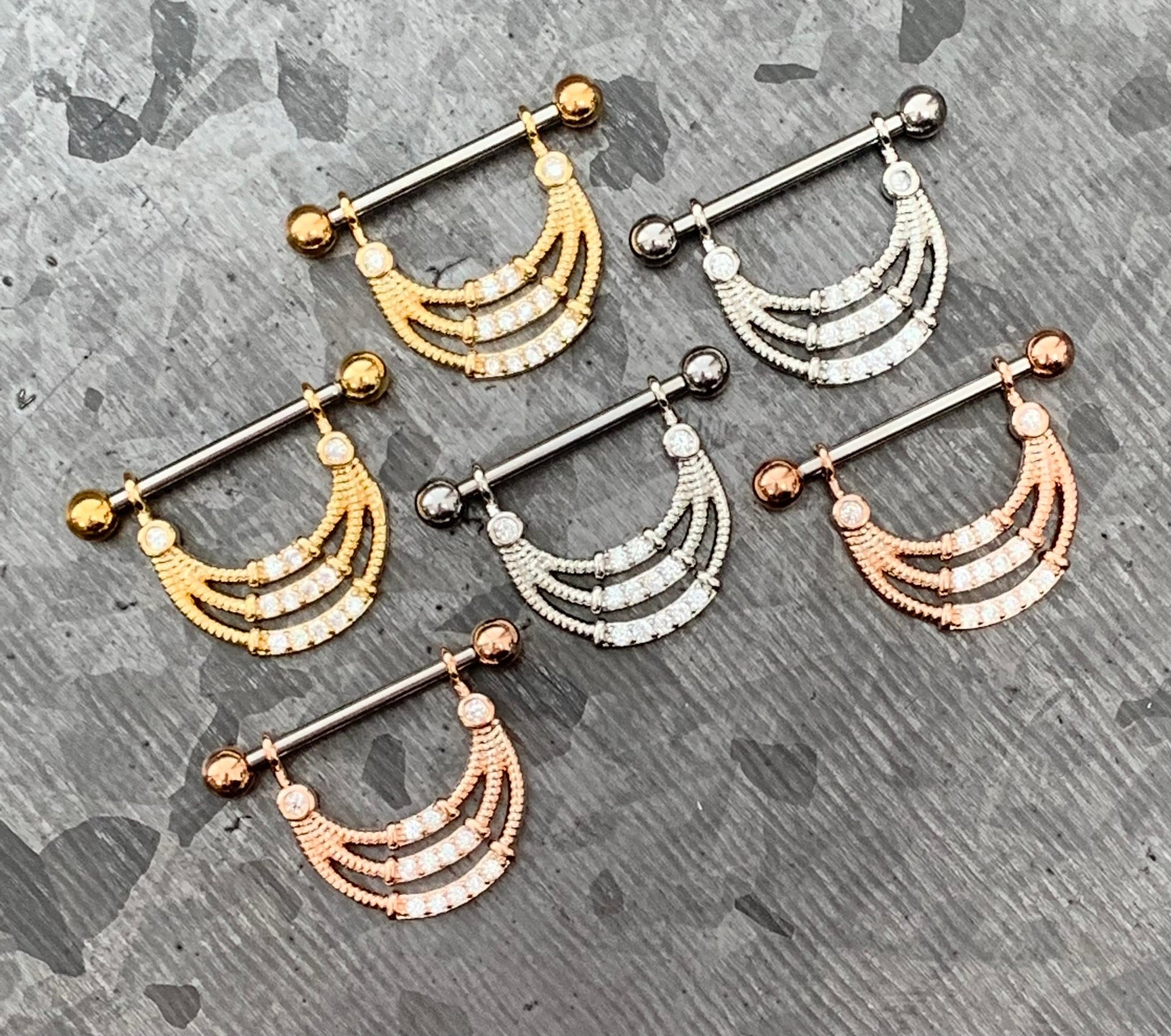 PAIR of Stunning Triple Lined CZ Gem Steel Nipple Barbells/Shields/Rings - 14g, 14mm wearable length in Silver, Gold & Rose Gold!