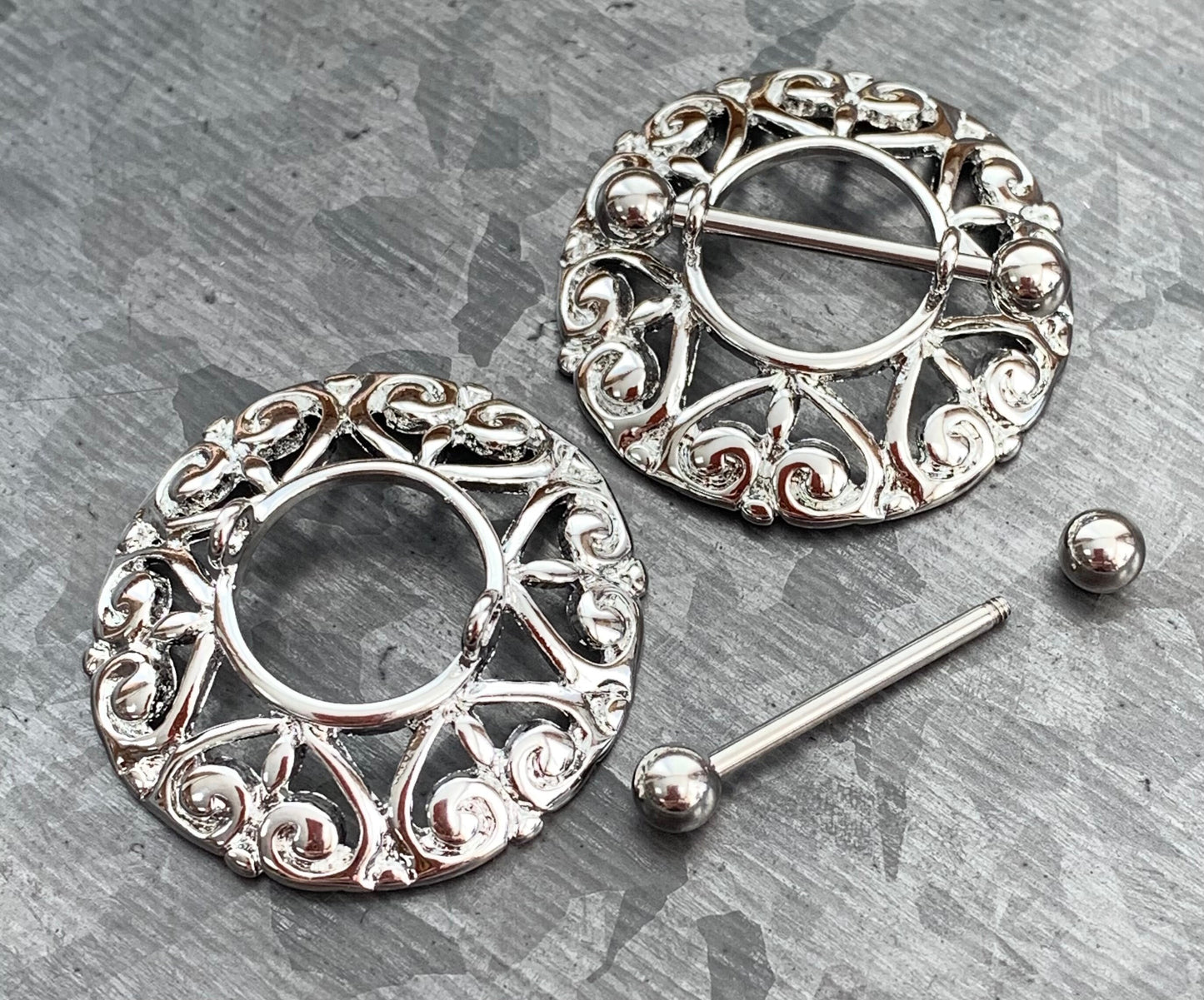 PAIR of Stunning Heart Filgree Steel Nipple Barbells/Shields/Rings - 14g, 12mm wearable length in Silver, Gold & Rose Gold!