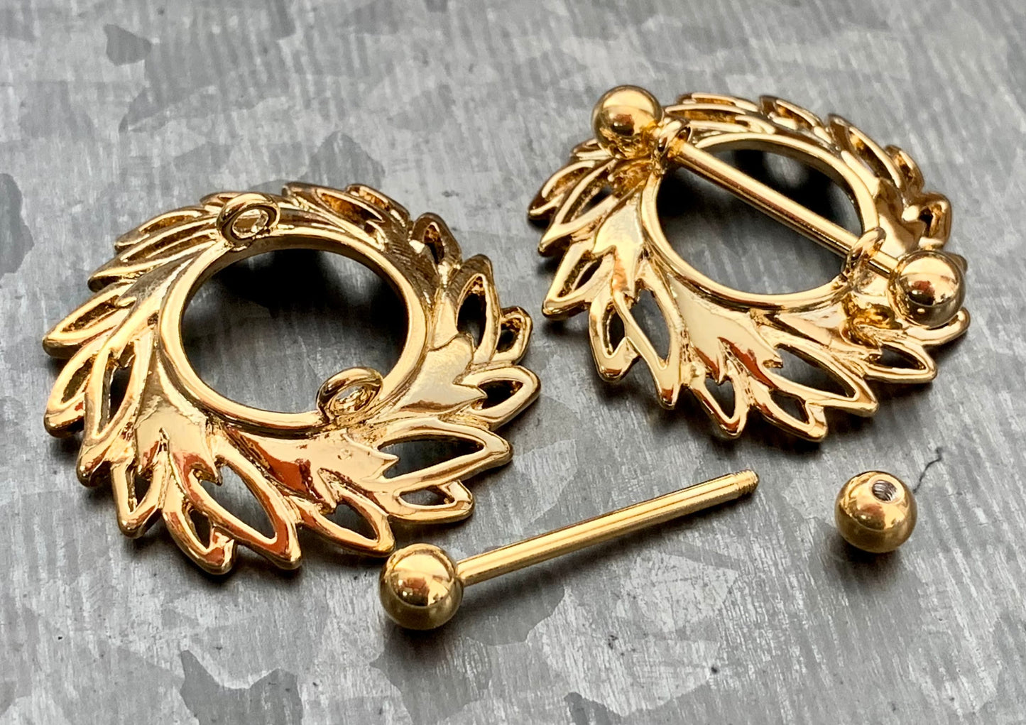 PAIR of Beautiful Swirling Leaves Steel Nipple Barbells/Shields/Rings - 14g, 12mm wearable length in Silver, Gold & Rose Gold!