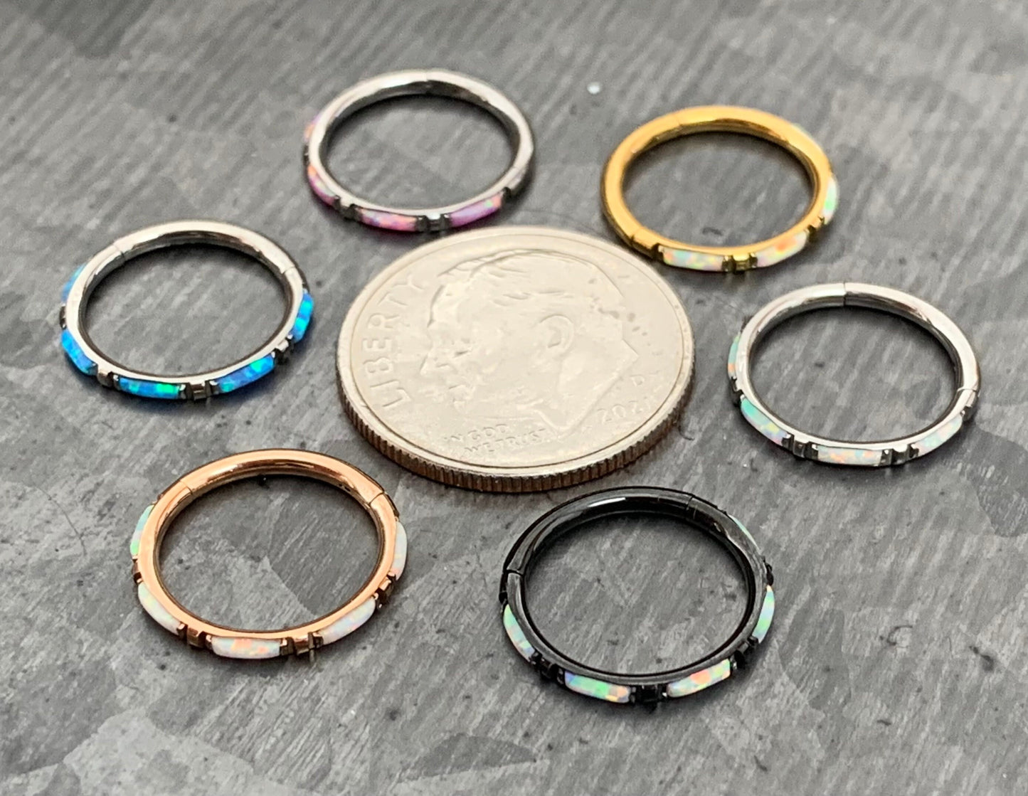 1 Piece Implant Grade Titanium Baguette Opal Sides Hinged Segment Septum Ring - 16g - 10mm, 8mm ~ White, Pink and Blue Available!