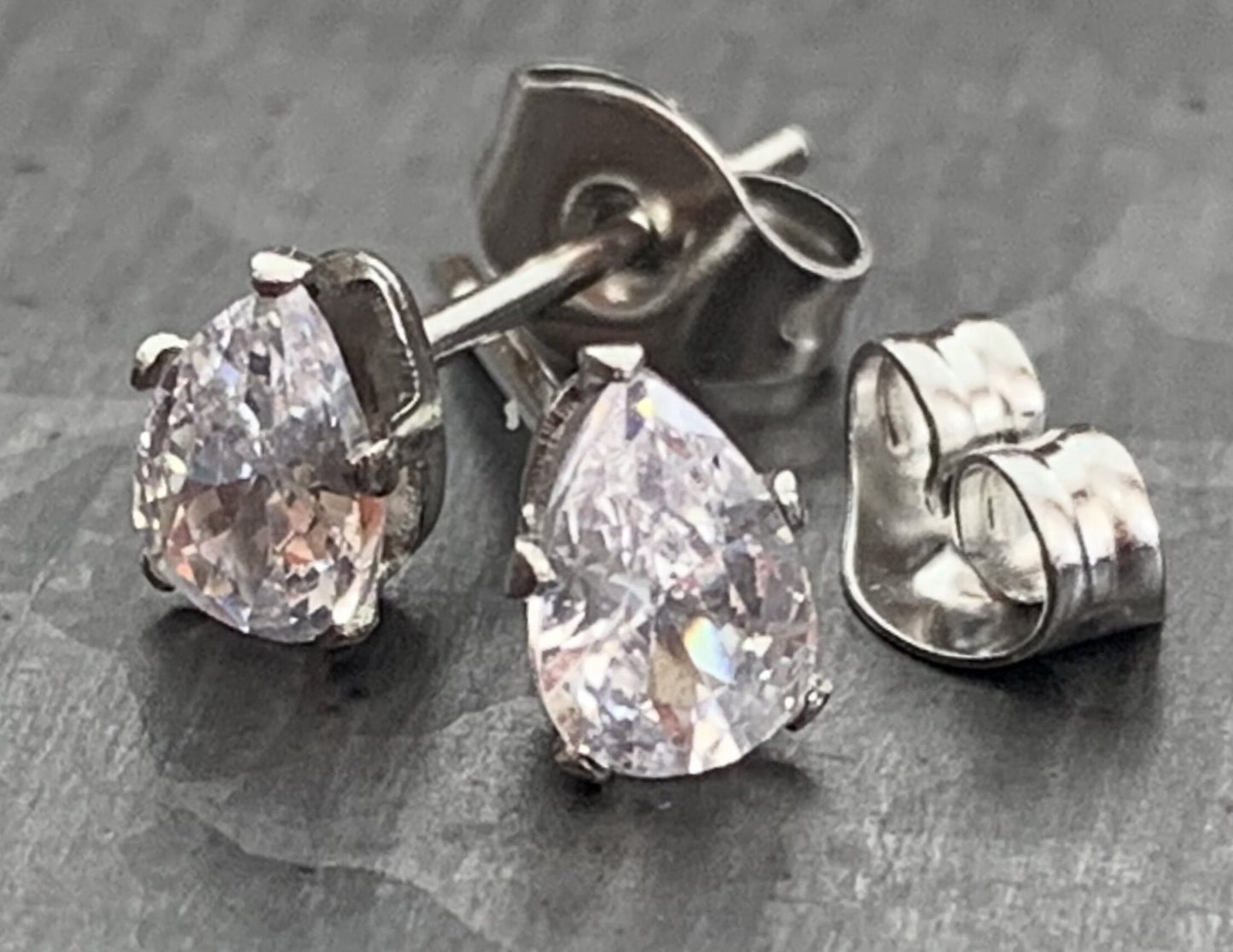 PAIR of Beautiful Hypoallergenic Clear CZ Gem Teardrop Stud Earrings - 3mm, 4mm, 5mm, 6mm & 7mm Gem Size Available!