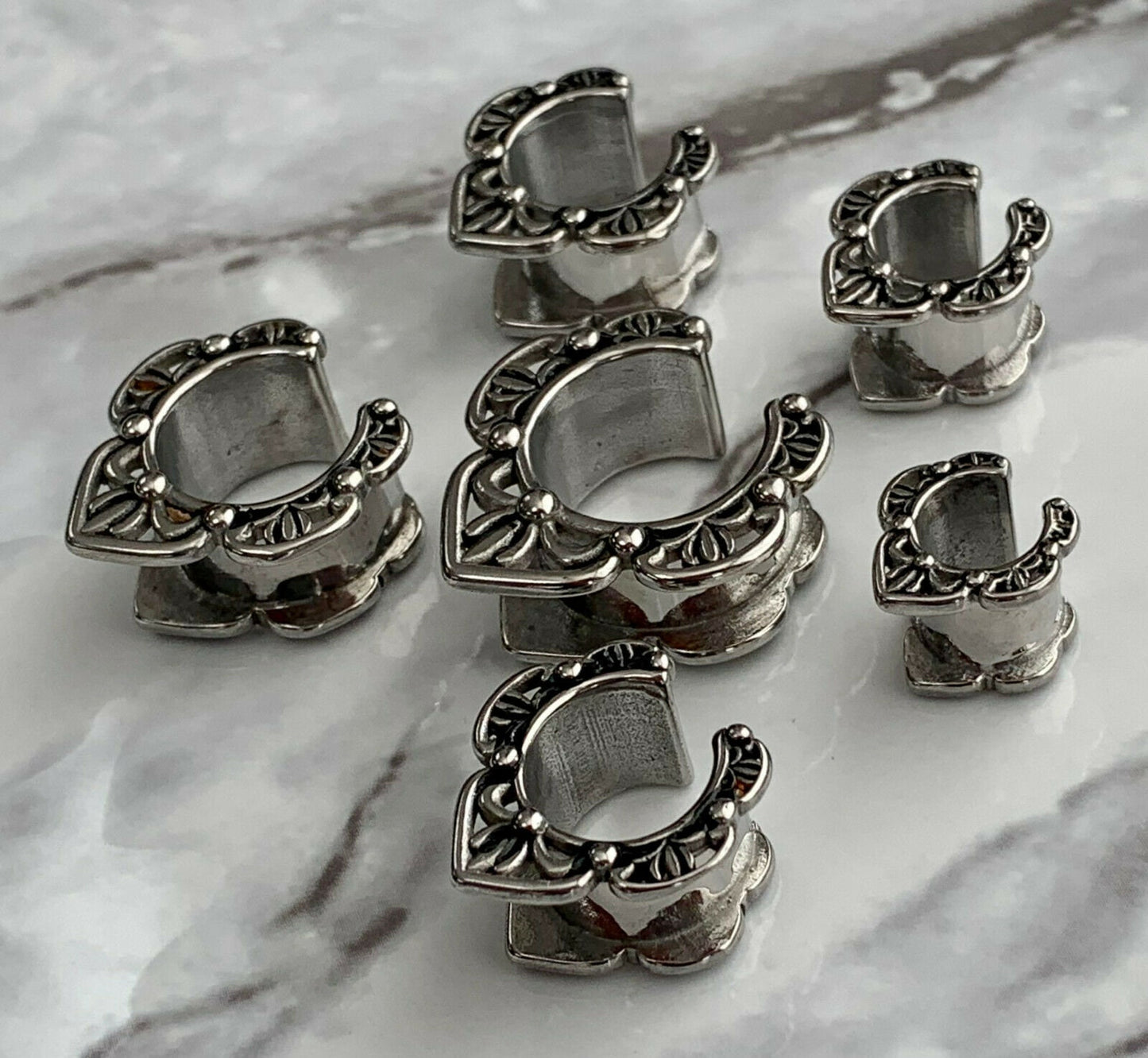 PAIR of Fretwork Ear Spreaders made with 316L ASTM F-138 Surgical Steel Tunnels/Plugs - Gauges 0g (8mm) thru 5/8" (16mm) available!