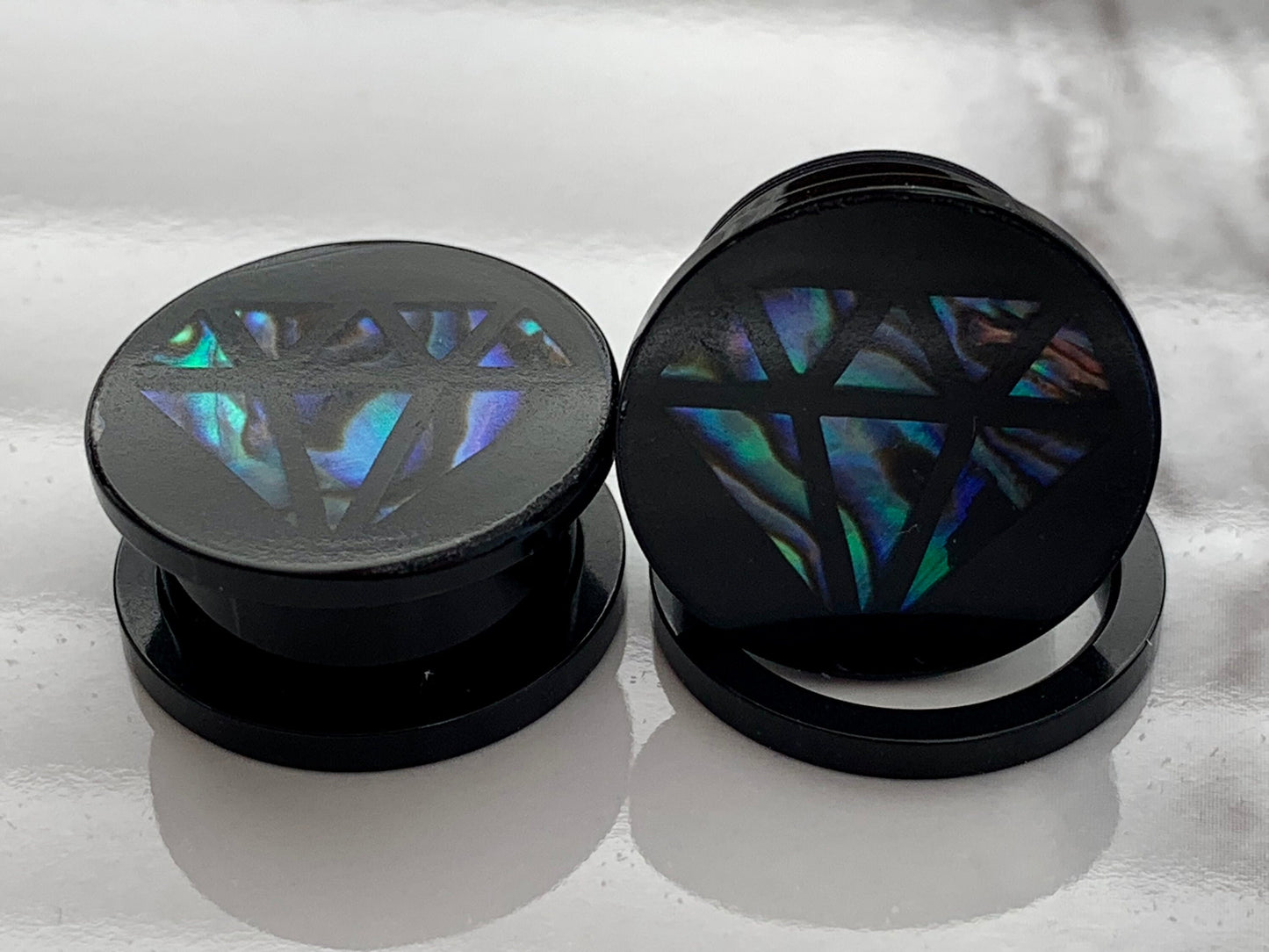 PAIR of Unique Diamond-Shaped Abalone Inlay Acrylic Screw Fit Plugs - Gauges 0g (8mm) thru 5/8" (16mm) available!