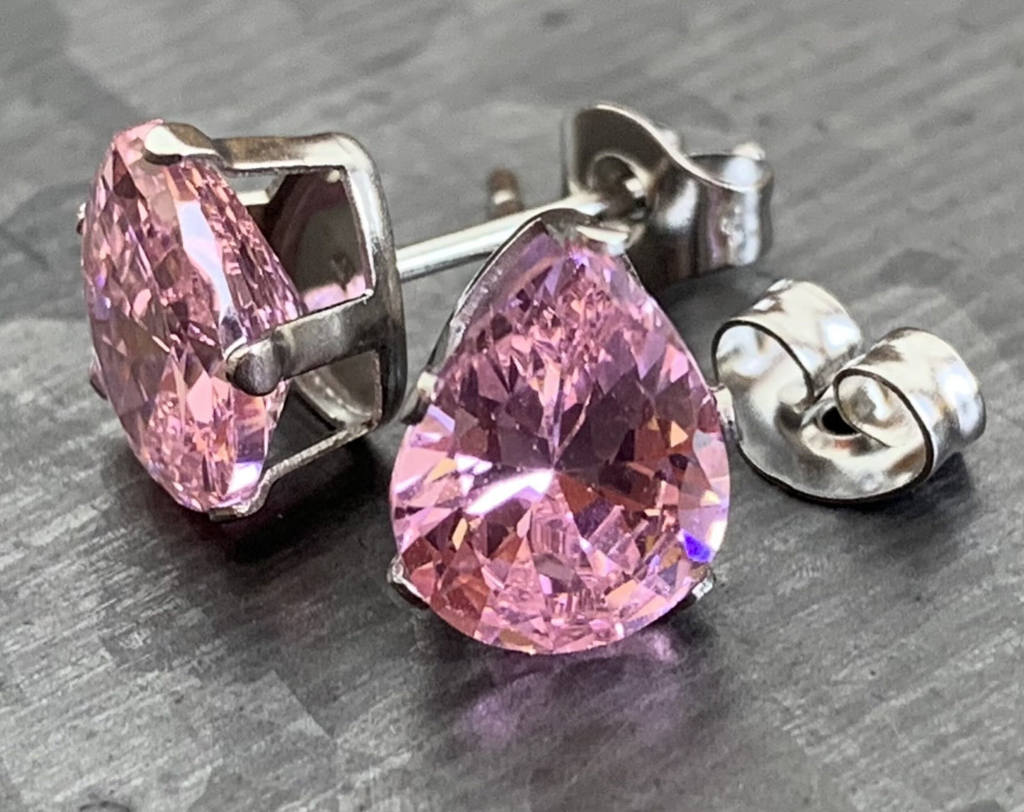 PAIR of Dazzling Hypoallergenic Pink CZ Gem Teardrop Stud Earrings - 3mm, 4mm, 5mm, 6mm & 7mm Gem Size Available!