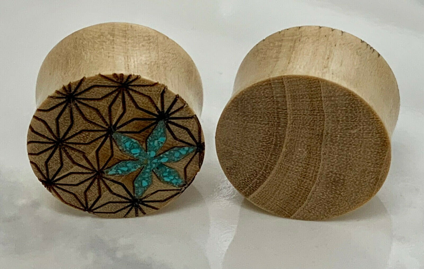 PAIR of Unique Crushed Turquoise Flower of Life Blonde Crocodile Wood Saddle Plugs - Gauges 0g (8mm) up to 7/8" (22mm) available!