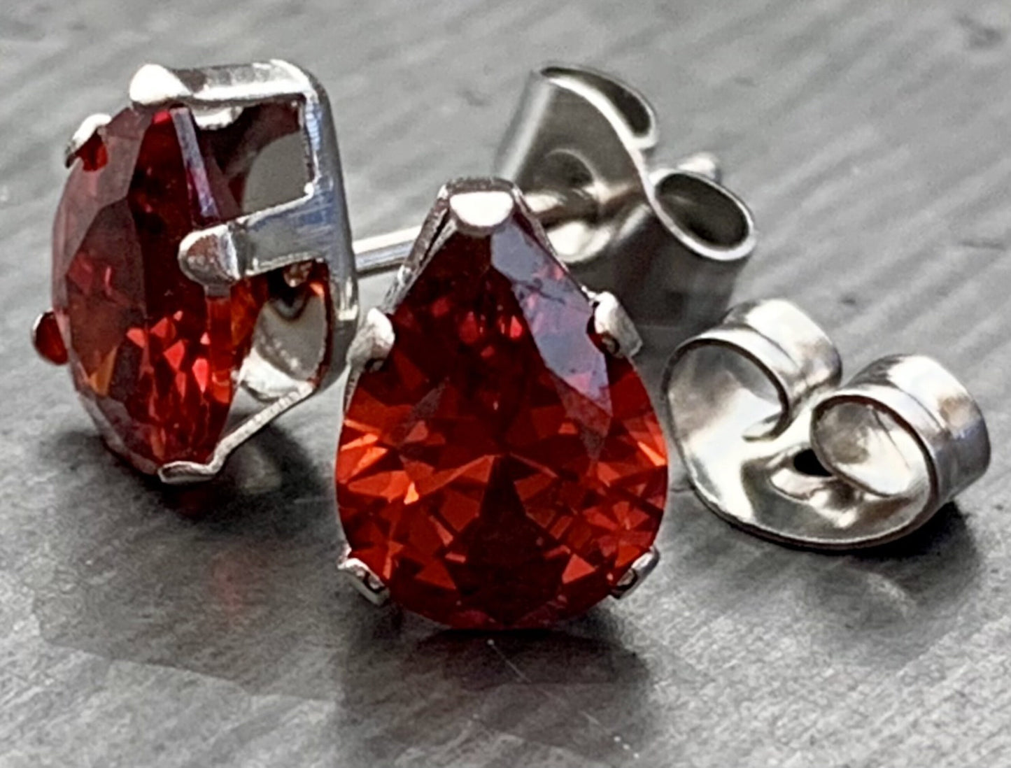 PAIR of Stunning Hypoallergenic Red CZ Gem Teardrop Stud Earrings - 3mm, 4mm, 5mm, 6mm & 7mm Gem Size Available!