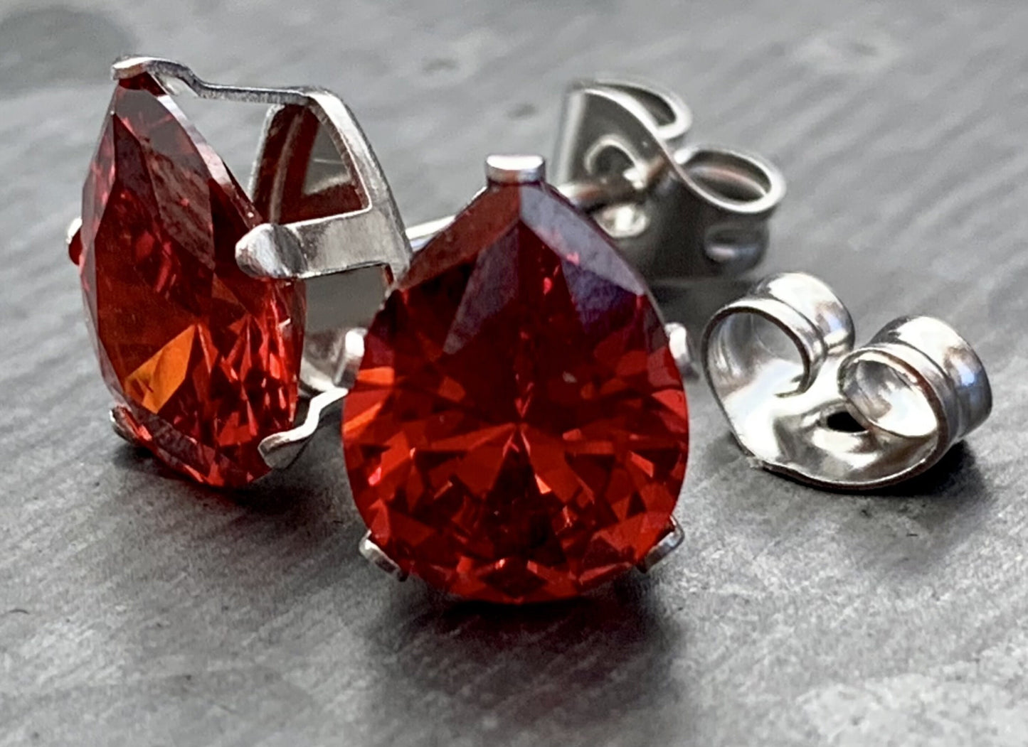 PAIR of Stunning Hypoallergenic Red CZ Gem Teardrop Stud Earrings - 3mm, 4mm, 5mm, 6mm & 7mm Gem Size Available!