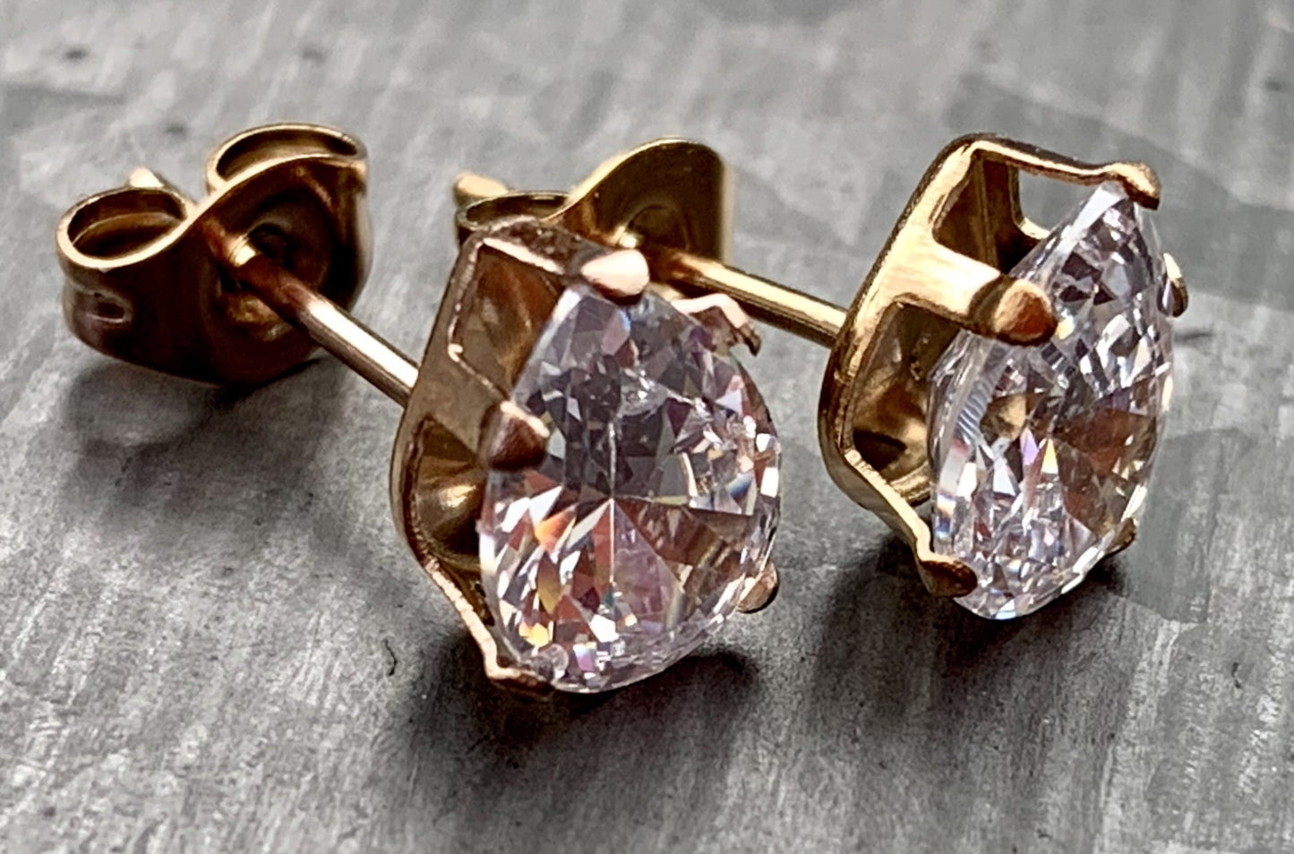PAIR of Beautiful Hypoallergenic Clear CZ Gem Teardrop Rose Gold Stud Earrings - 3mm, 4mm, 5mm, 6mm & 7mm Gem Size Available!