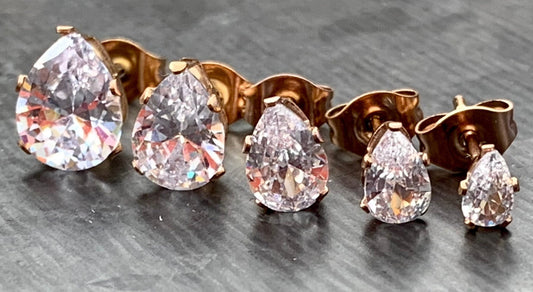PAIR of Beautiful Hypoallergenic Clear CZ Gem Teardrop Rose Gold Stud Earrings - 3mm, 4mm, 5mm, 6mm & 7mm Gem Size Available!