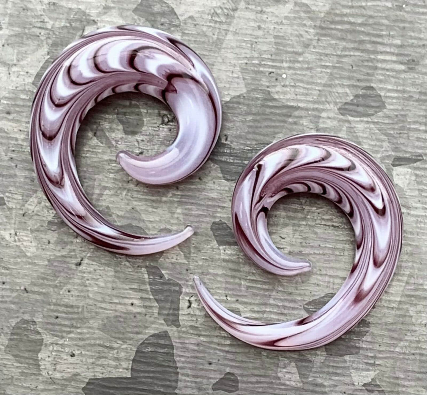 PAIR of Stunning Purple & White Swirl Glass Spiral Tapers - Gauges 6g (4mm) thru 00" (10mm) available!