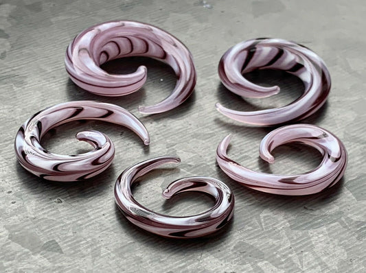 PAIR of Stunning Purple & White Swirl Glass Spiral Tapers - Gauges 6g (4mm) thru 00" (10mm) available!