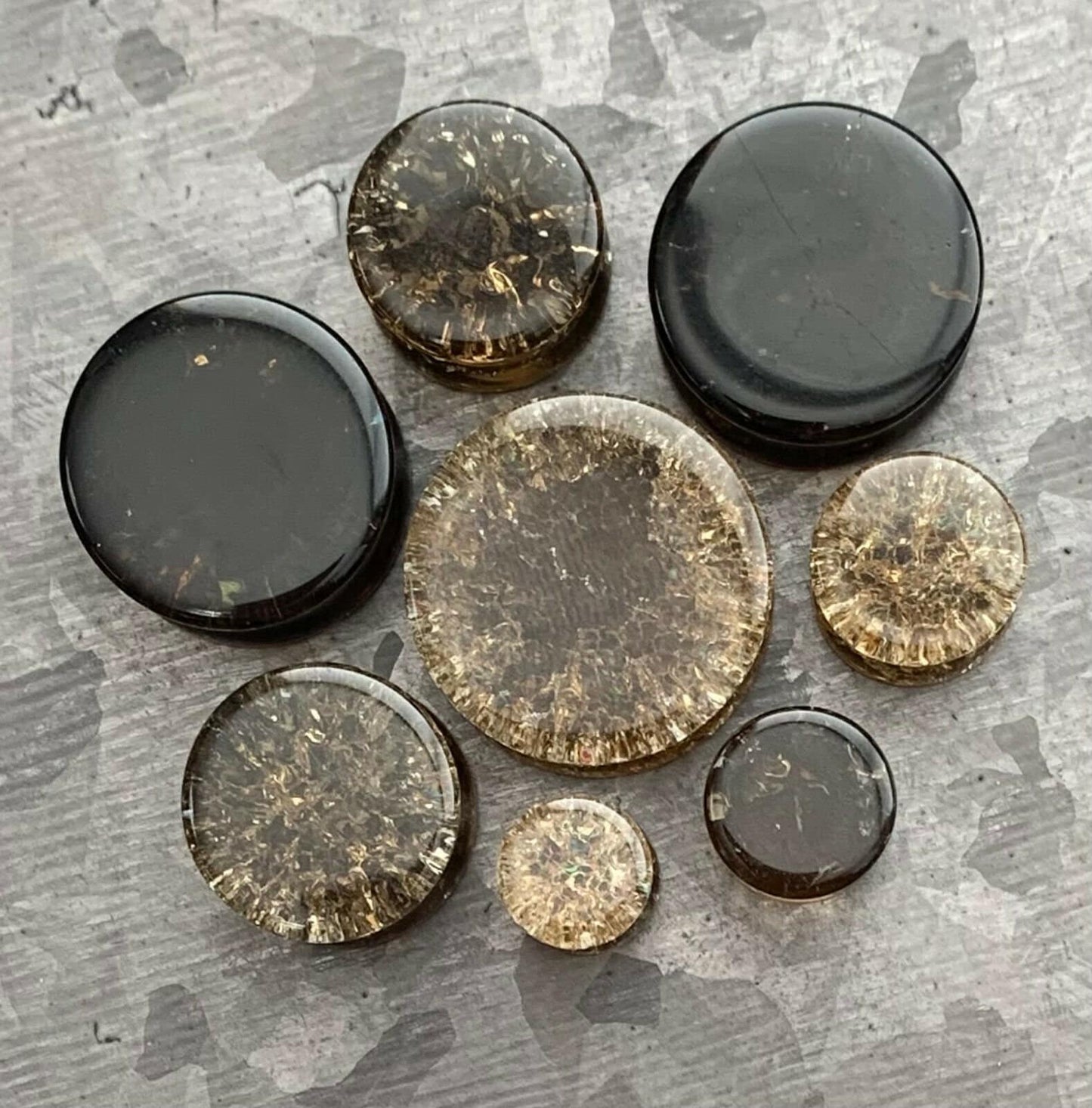 PAIR of Stunning Cracked Golden Black Glass Double Flare Plugs - Gauges 0g (8mm) through 7/8" (22mm) available!