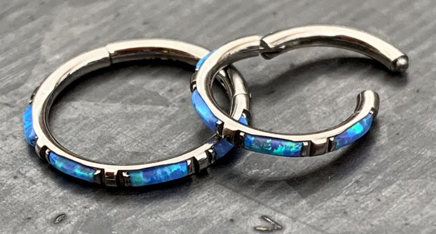 1 Piece Implant Grade Titanium Baguette Opal Sides Hinged Segment Septum Ring - 16g - 10mm, 8mm ~ White, Pink and Blue Available!