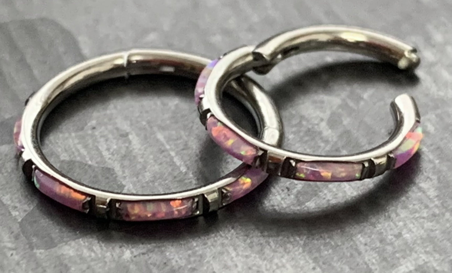 1 Piece Implant Grade Titanium Baguette Opal Sides Hinged Segment Septum Ring - 16g - 10mm, 8mm ~ White, Pink and Blue Available!