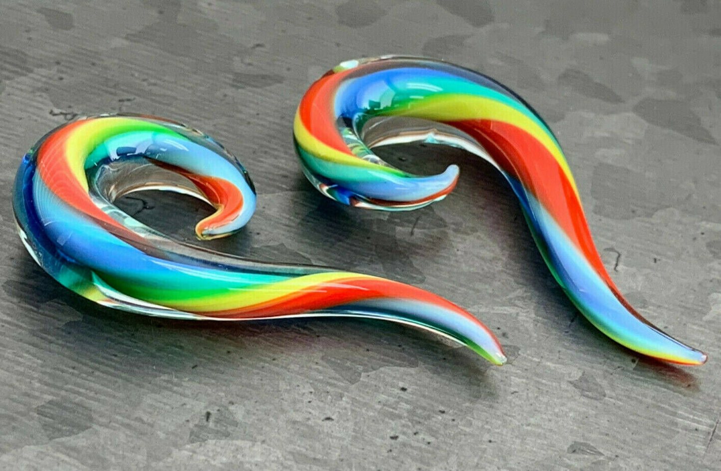 PAIR of Unique Rainbow Glass Spiral Taper Plugs - Expanders Gauges - 6g (4mm) thru 00g (10mm) available!