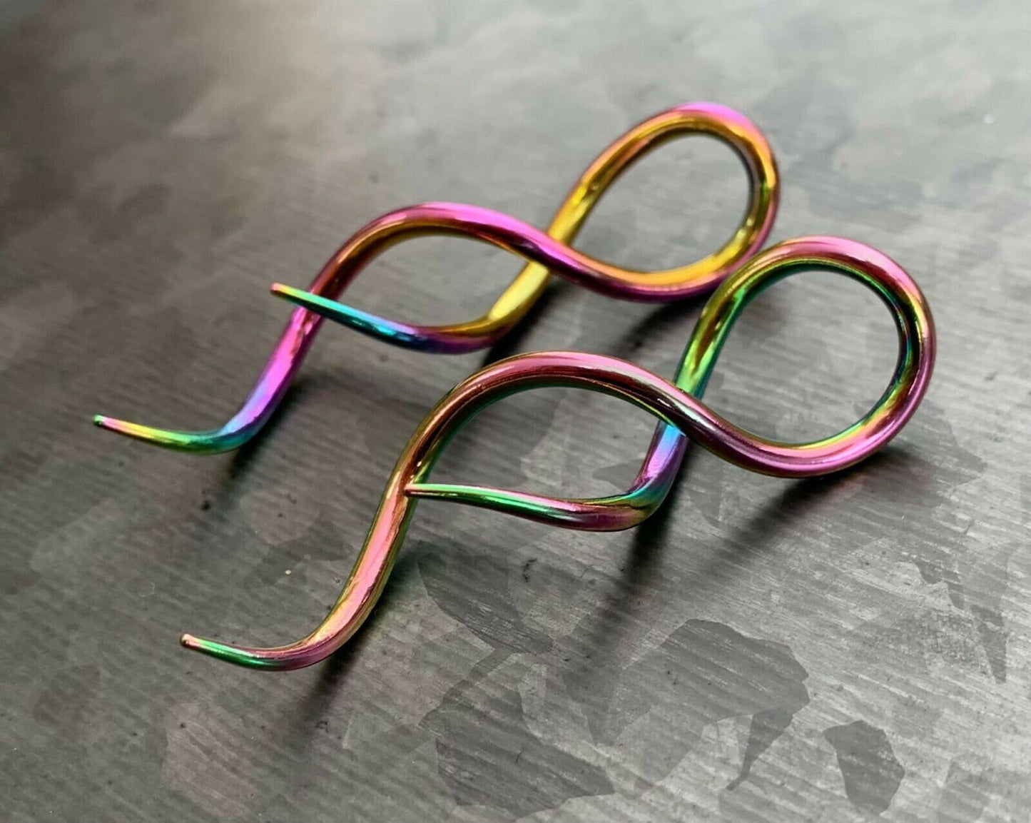 PAIR of Stunning Rainbow Steel Twist Tail Hanging Tapers Expanders / Plugs - Gauges 14g (1.6mm) thru 10g (2.4mm) available!