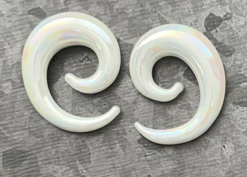 PAIR of Stunning White Lucifer Glass Spiral Tapers Plugs - Expanders - Gauges 6g (4mm) thru 00g (10mm) available!