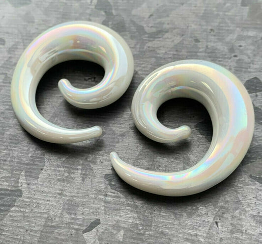 PAIR of Stunning White Lucifer Glass Spiral Tapers Plugs - Expanders - Gauges 6g (4mm) thru 00g (10mm) available!
