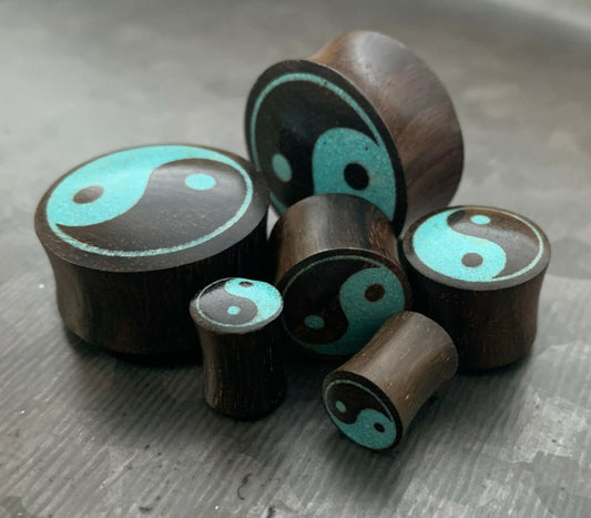 PAIR of Beautiful Crushed Turquoise Yin Yang Inlaid Wood Saddle Plugs - Gauges 0g (8mm) thru 1" (25mm) available!