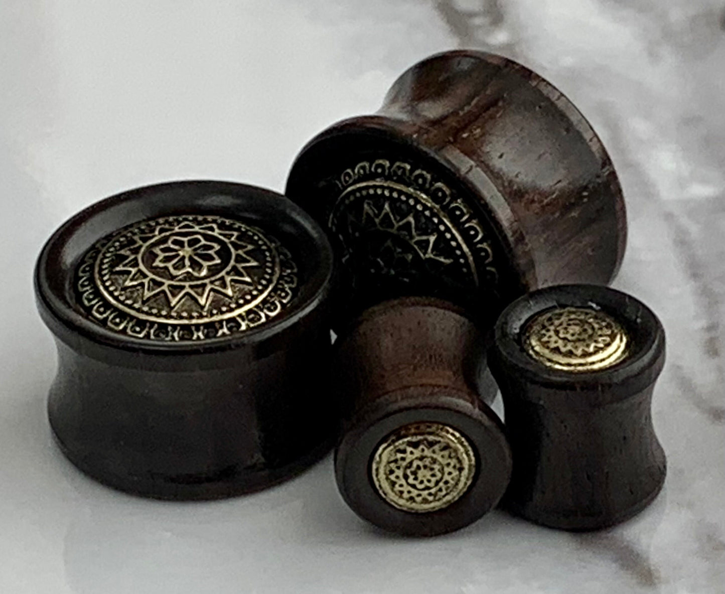 PAIR of Stunning Antique Gold Tribal Sun Shield Organic Ebony Wood Saddle Plugs - Gauges 0g (8mm) up to 5/8" (16mm) available!