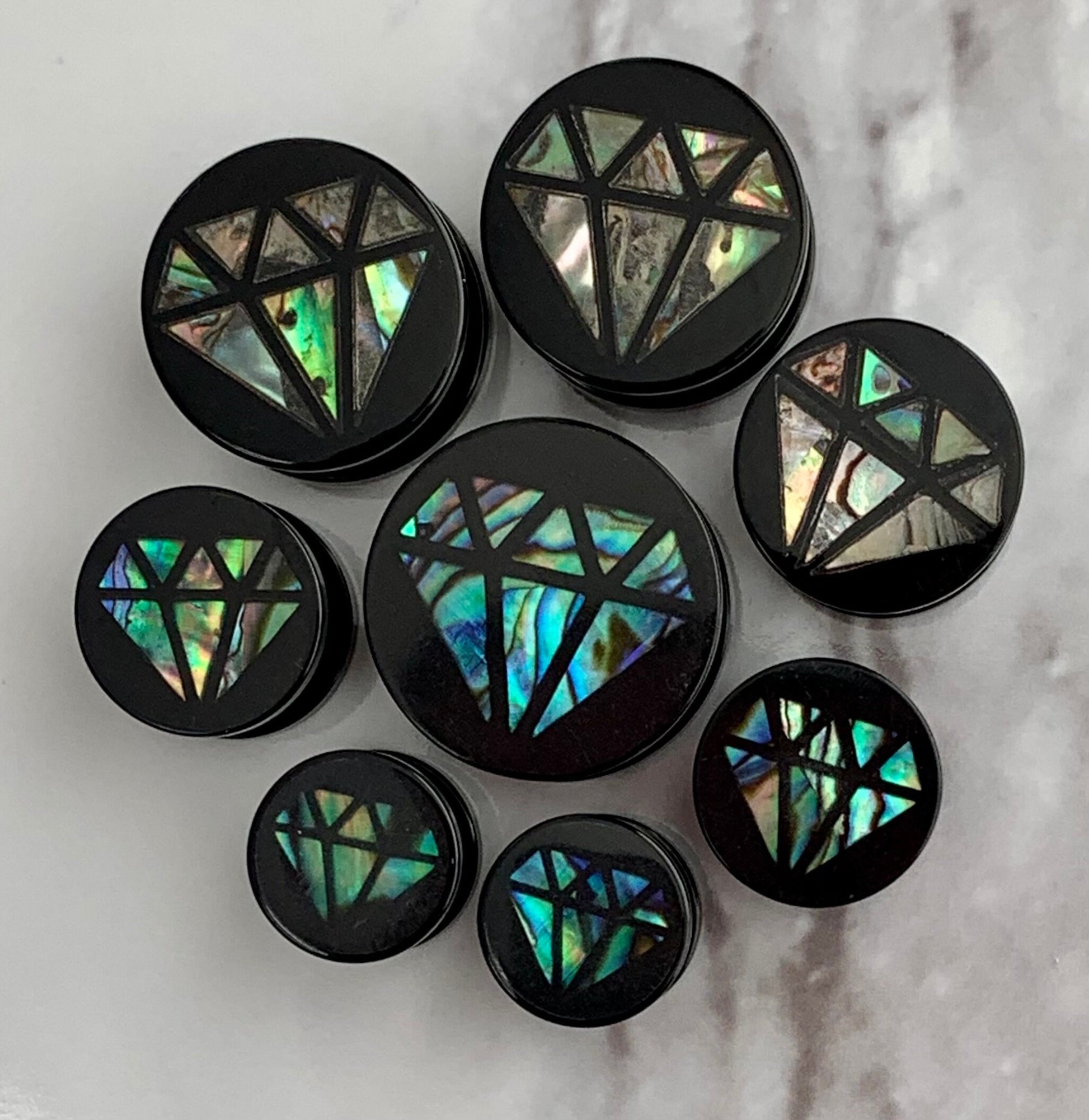 PAIR of Unique Diamond-Shaped Abalone Inlay Acrylic Screw Fit Plugs - Gauges 0g (8mm) thru 5/8" (16mm) available!