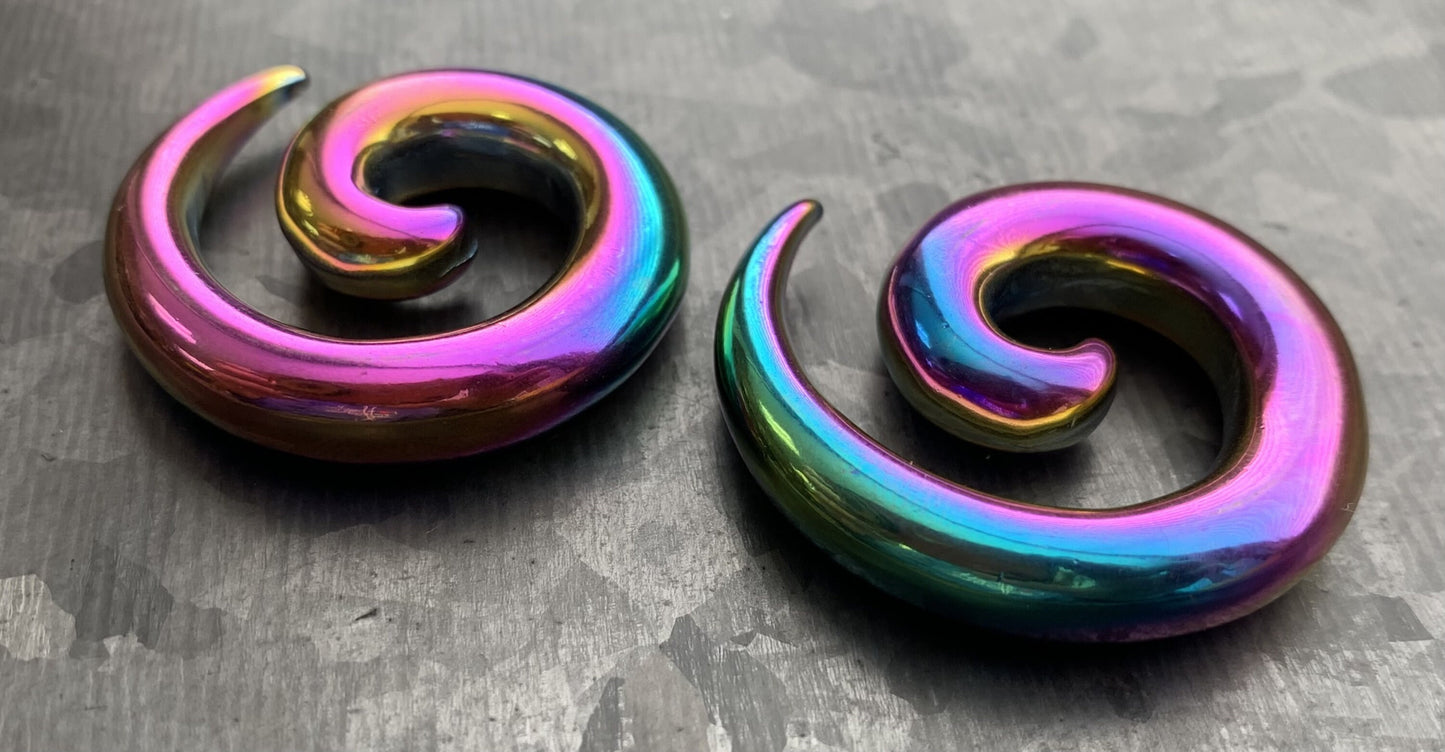 PAIR of Unique Stainless Steel Spiral Tapers Expanders - Black, Gold or Rainbow - Gauges 12g (2mm) thru 2g (6mm) available!