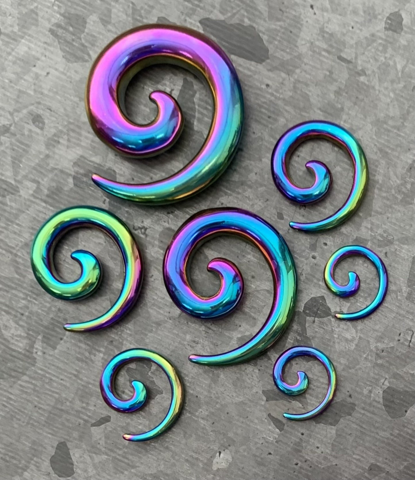 PAIR of Unique Stainless Steel Spiral Tapers Expanders - Black, Gold or Rainbow - Gauges 12g (2mm) thru 2g (6mm) available!