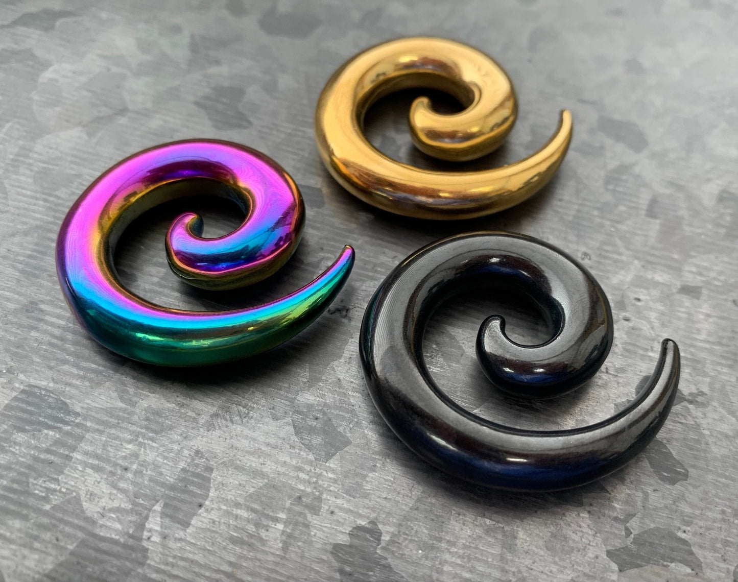 PAIR of Unique Stainless Steel Spiral Tapers Expanders - Black, Gold or Rainbow - Gauges 12g (2mm) thru 2g (6mm) available!