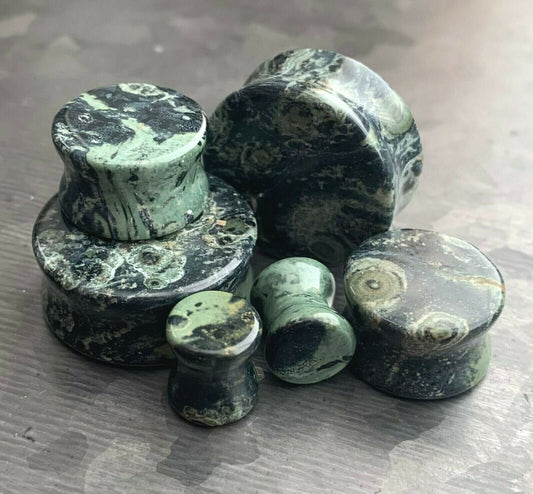 PAIR of Unique Natural Green Eye Jasper Double Flare Stone Plugs - Gauges 8g (3mm) thru 1" (25mm) available!