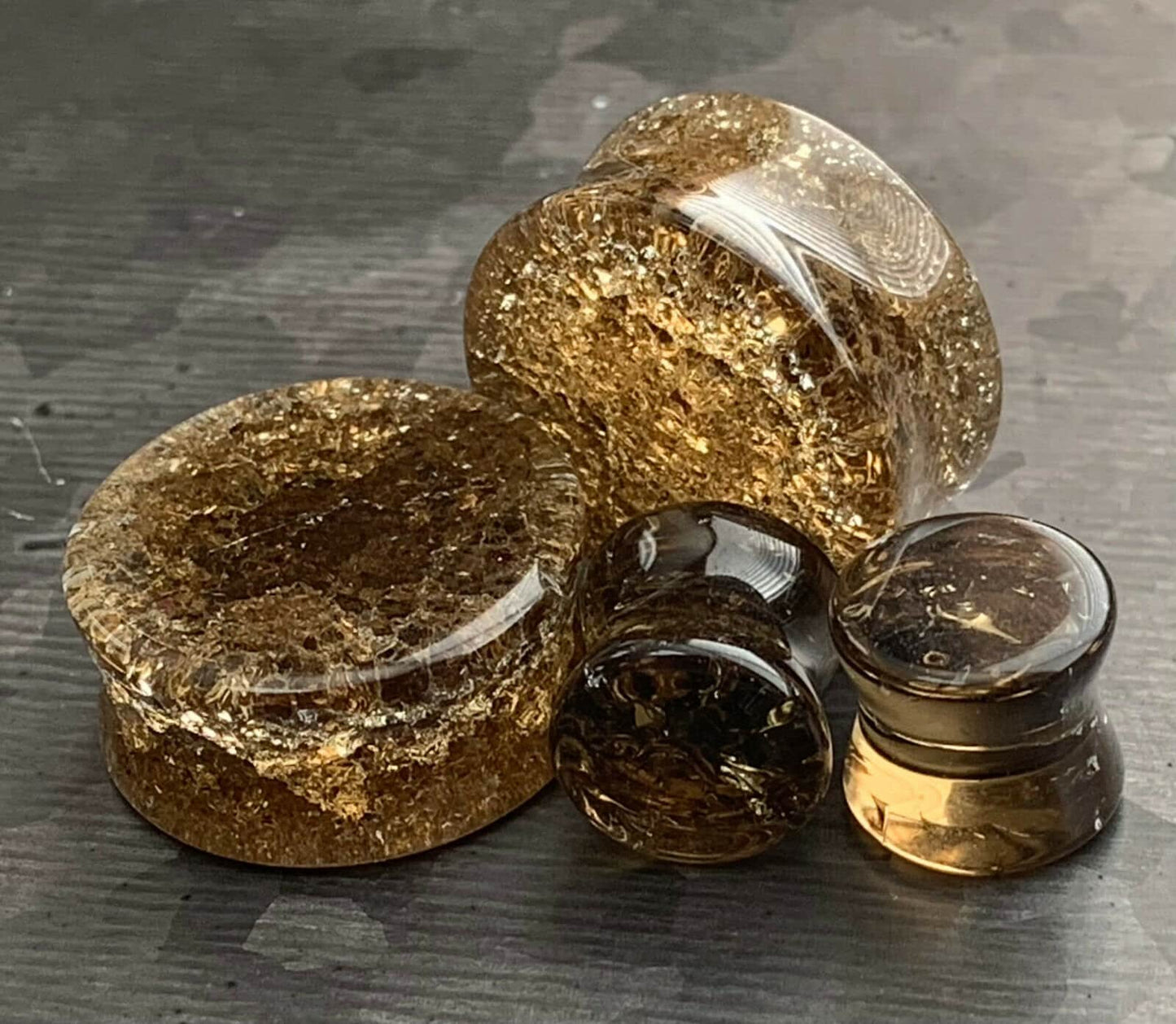 PAIR of Stunning Cracked Golden Black Glass Double Flare Plugs - Gauges 0g (8mm) through 7/8" (22mm) available!