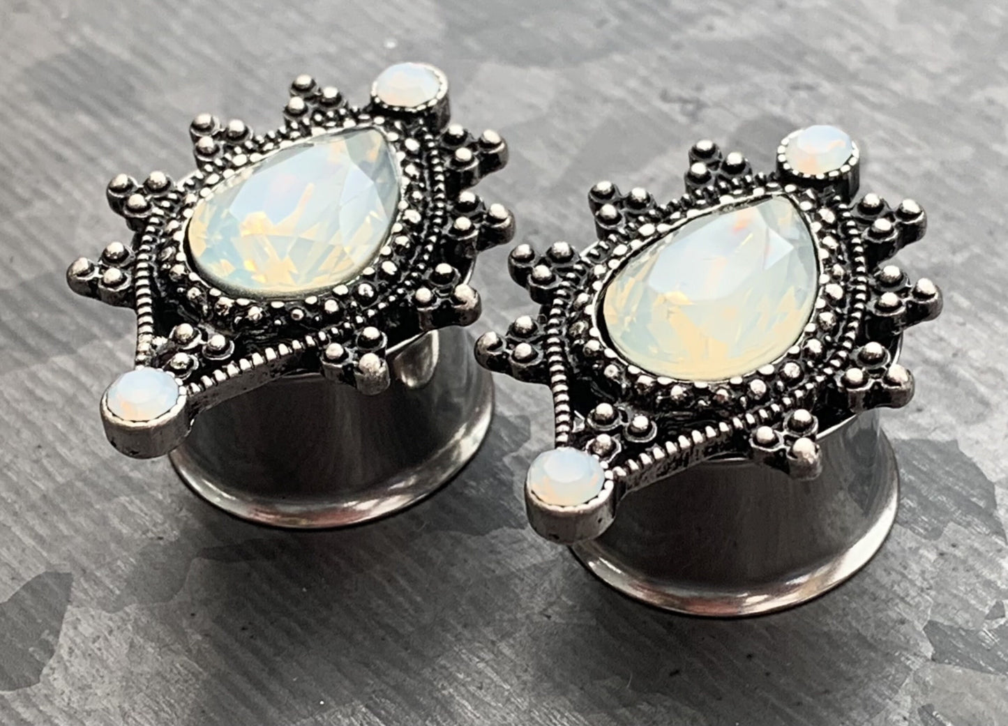 PAIR of Unique Vintage Antique Silver Top Faceted Opalite Teardrop Double Flare Tunnels/Plugs - Gauges 2g (6mm) thru 5/8" (16mm) available!