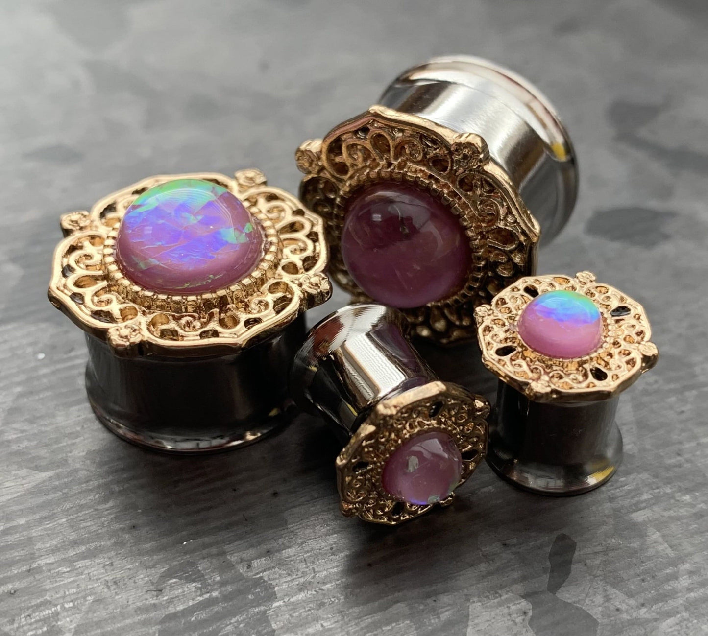 PAIR of Stunning Gold Tribal Plated Surgical Steel Plugs with a Center Pink Synthetic Opal - Gauges 2g (6mm) thru 5/8" (16mm) available!