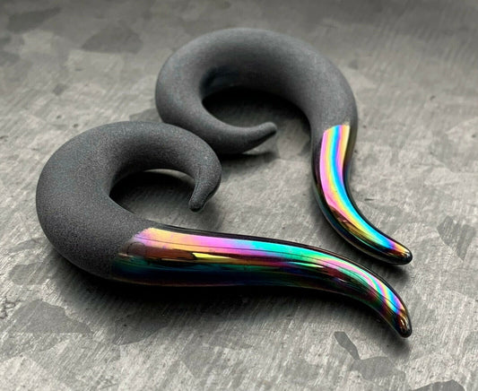 PAIR of Stunning Two-Toned Matte & Rainbow Glass Spiral Hanging Tapers - Gauges 6g (4mm) thru 00g (10mm) available!