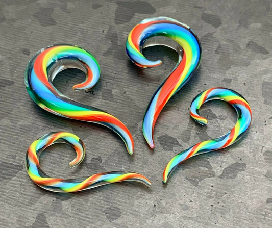 PAIR of Unique Rainbow Glass Spiral Taper Plugs - Expanders Gauges - 6g (4mm) thru 00g (10mm) available!