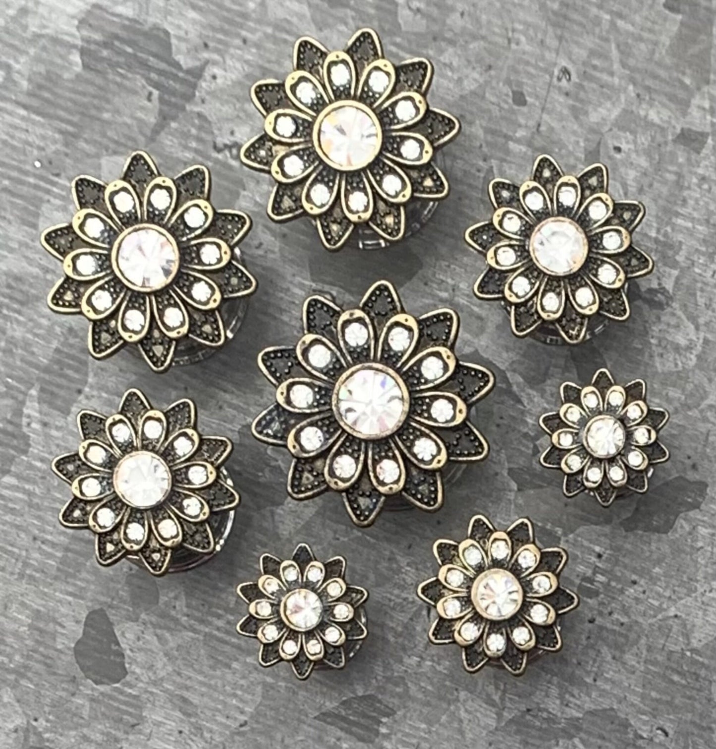 PAIR of Unique Antique Gold Plated Tribal Flower with Gems Double Flare Steel Tunnels/Plugs - Gauges 0g (8mm) thru 5/8" (16mm) Available!