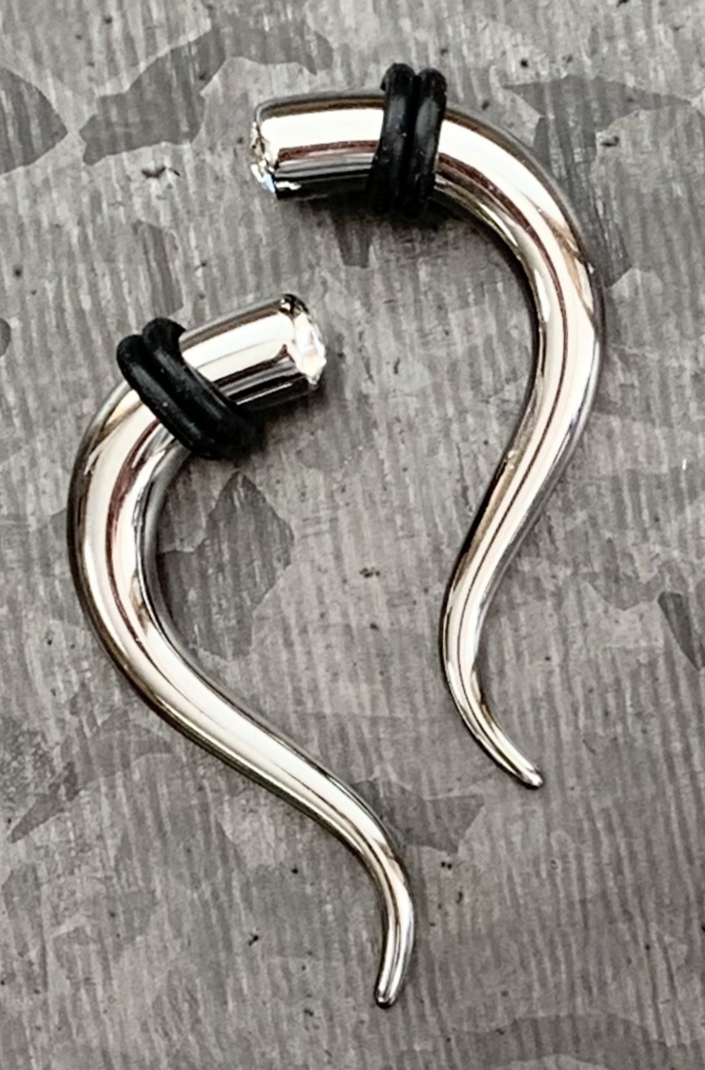 PAIR of Brilliant CZ Gem Double Curve Hanging Steel Tapers with O-Rings - Gauges 8g (3mm) thru 2g (6mm) available!