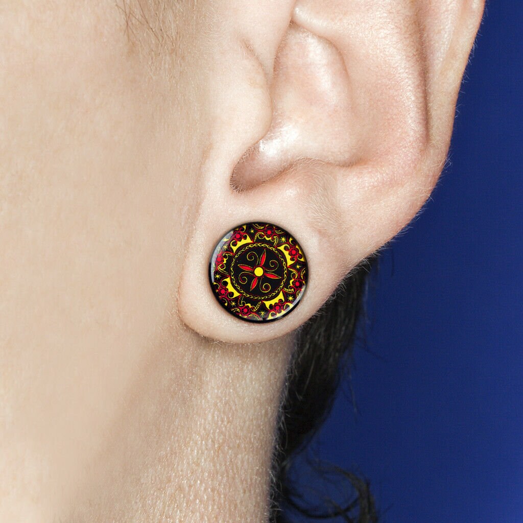 PAIR of Unique Printed Celtic Pattern Inlay Organic Ebony Wood Saddle Plugs - Gauges 2g (6mm) up to 1" (25mm) available!