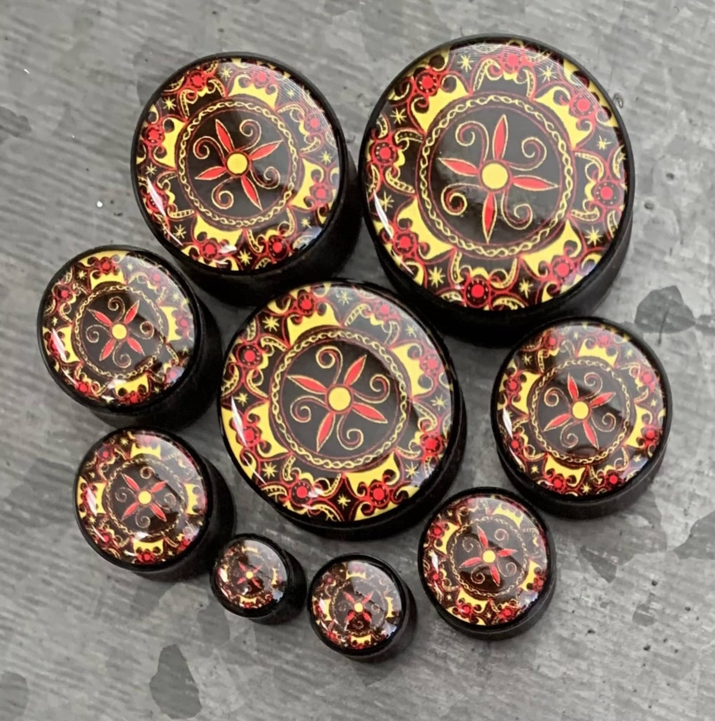 PAIR of Unique Printed Celtic Pattern Inlay Organic Ebony Wood Saddle Plugs - Gauges 2g (6mm) up to 1" (25mm) available!