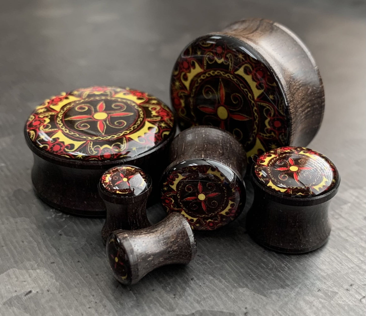 PAIR of Unique Printed Celtic Pattern Inlay Organic Ebony Wood Saddle Plugs - Gauges 2g (6mm) up to 1" (25mm) available!