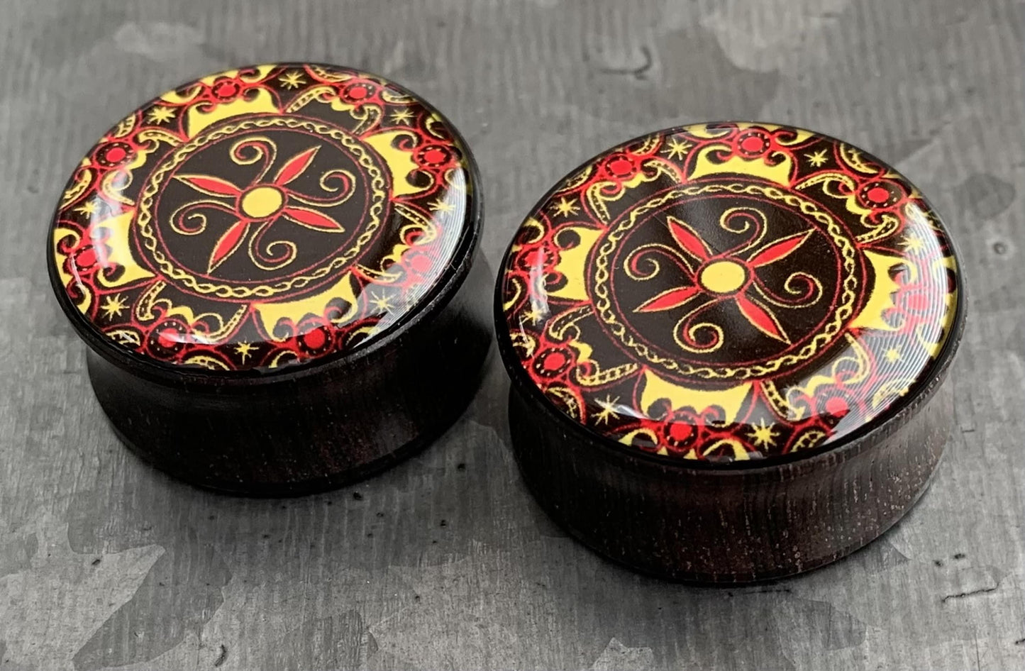 PAIR of Unique Printed Celtic Pattern Inlay Organic Ebony Wood Saddle Plugs - Gauges 2g (6mm) up to 1" (25mm) available!