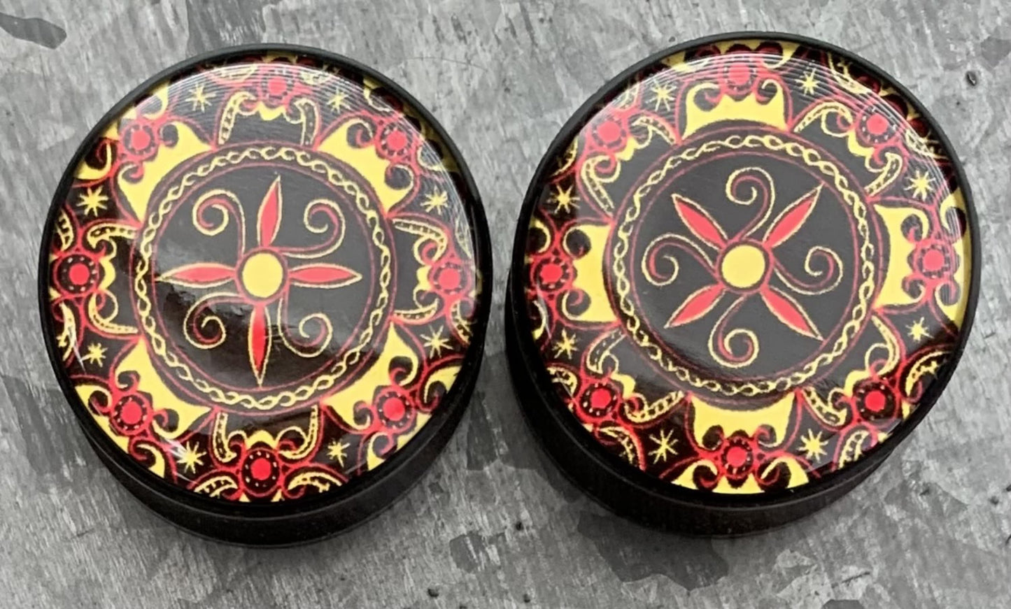 PAIR of Unique Printed Celtic Pattern Inlay Organic Ebony Wood Saddle Plugs - Gauges 2g (6mm) up to 1" (25mm) available!