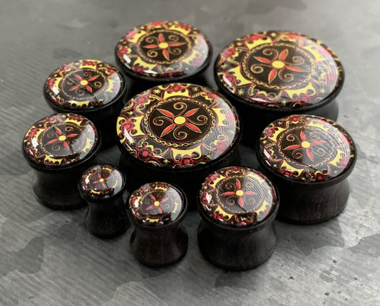 PAIR of Unique Printed Celtic Pattern Inlay Organic Ebony Wood Saddle Plugs - Gauges 2g (6mm) up to 1" (25mm) available!