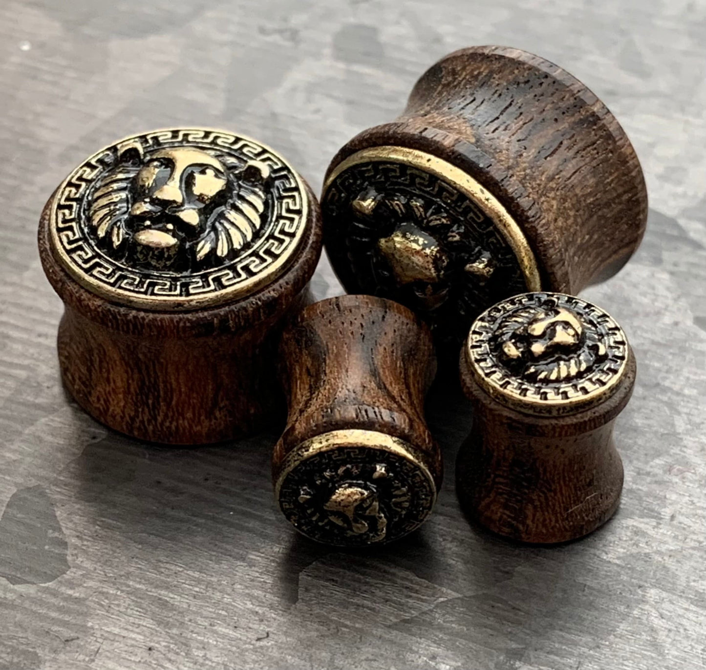 PAIR Stunning Antique Gold Lion with Maze Pattern Rim Sono Wood Saddle Plugs - Gauges 0g (8mm) thru 5/8" (16mm) Available!