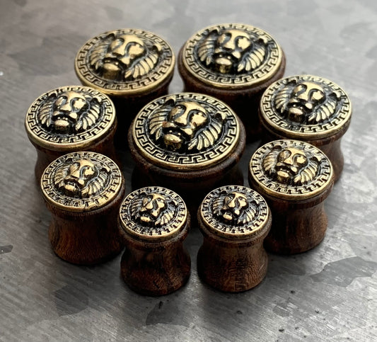 PAIR Stunning Antique Gold Lion with Maze Pattern Rim Sono Wood Saddle Plugs - Gauges 0g (8mm) thru 5/8" (16mm) Available!