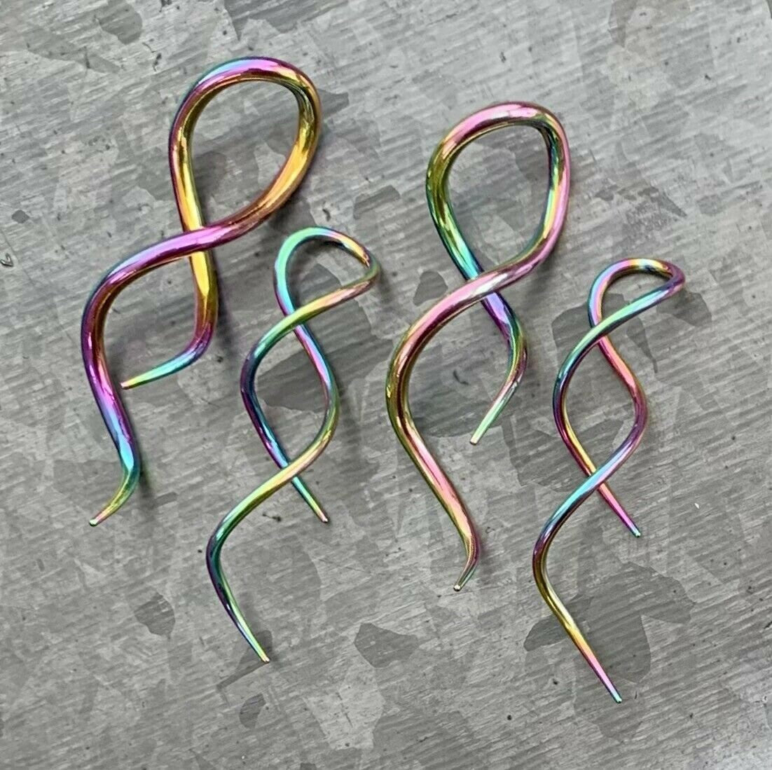 PAIR of Stunning Rainbow Steel Twist Tail Hanging Tapers Expanders / Plugs - Gauges 14g (1.6mm) thru 10g (2.4mm) available!